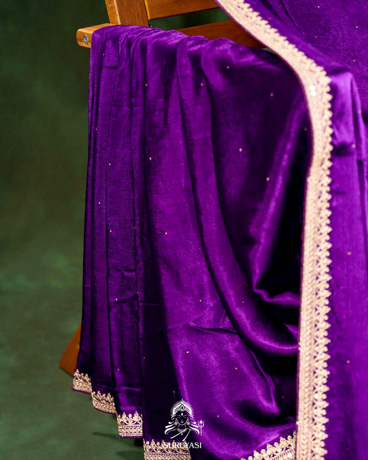 Pure Crepe Satin Saree with Embroidered Borders and Fully Embroidered Blouse