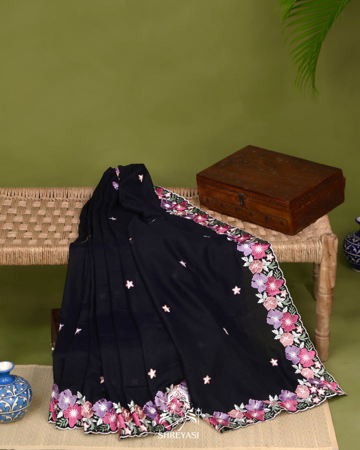 Tussar Silk Saree with Resham Floral Embroidery Border