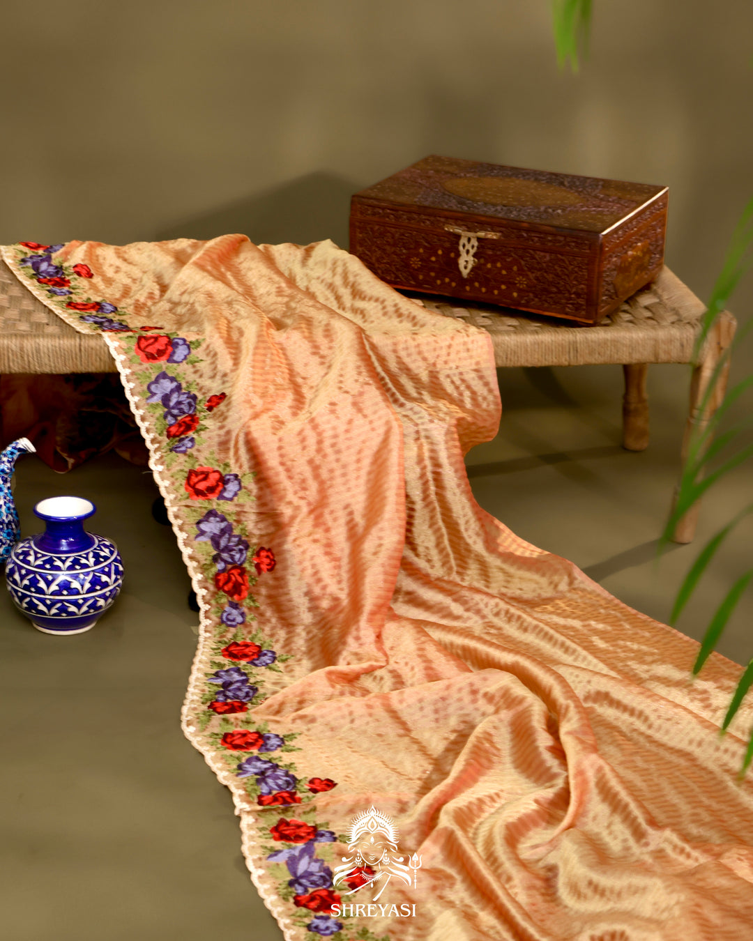 Chanderi Tissue Saree with Pita & Thread Floral Embroidery