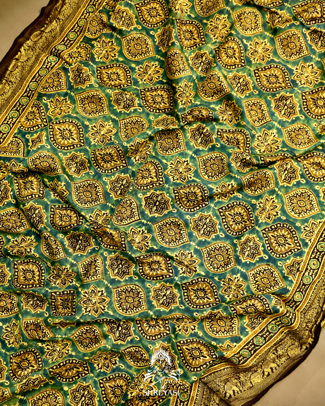 Hand Block Printed Ajrakh Dola Silk Saree with Zari Brocade Blouse