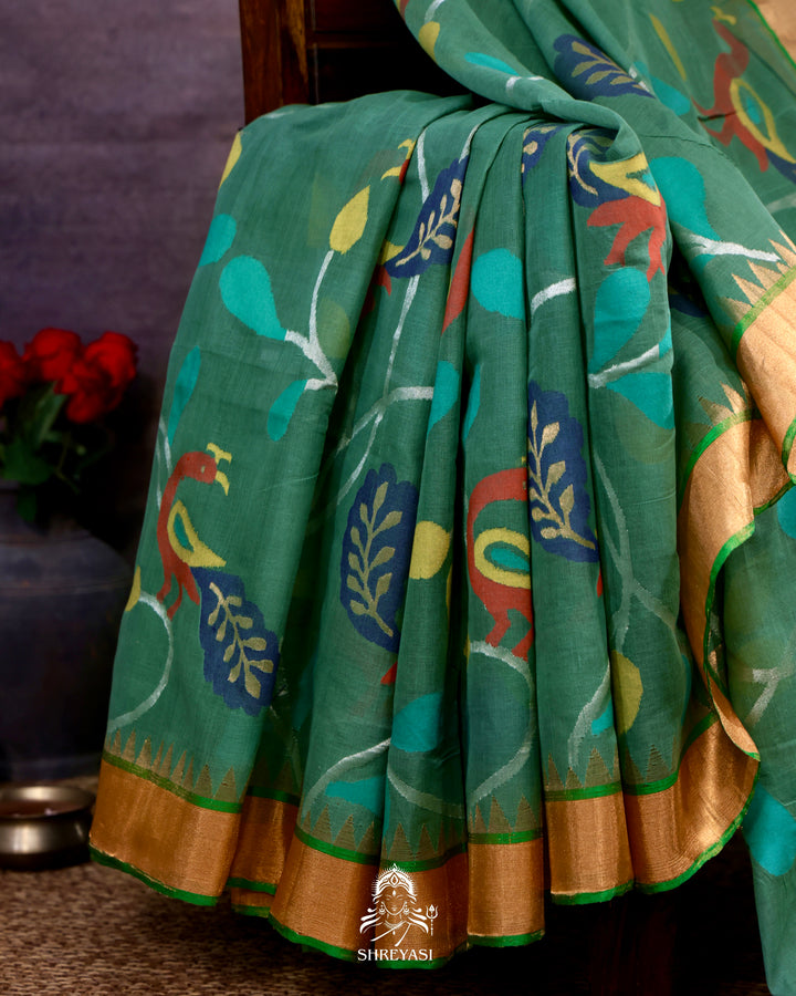 Handwoven Pure Ponduru Khadi Jamdani Saree with All-Over Peacock Vine Weave