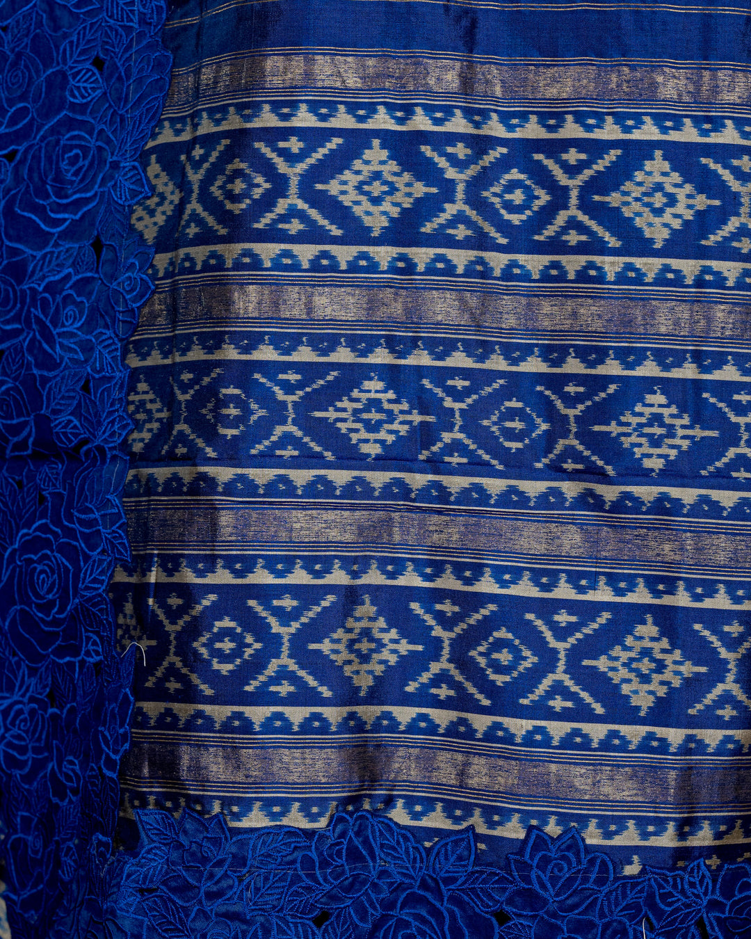 Handloom Pure Patola Silk Saree with Scalloped Floral Appliqué Embroidered Borders