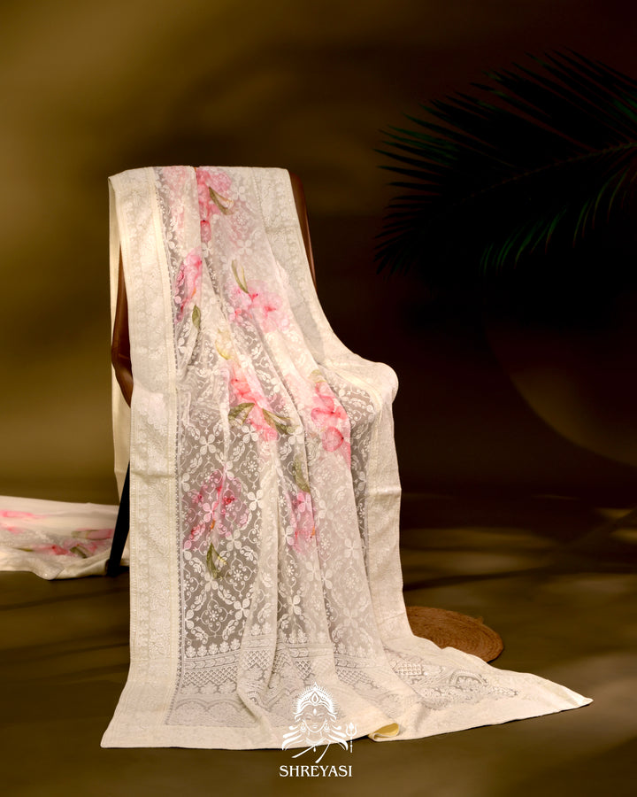 Georgette floral saree with chikankari embroidery