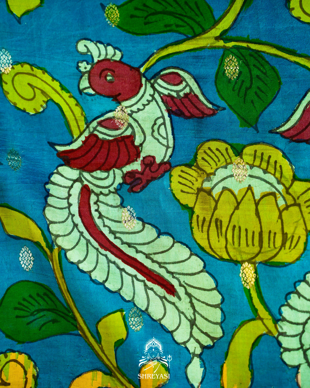 Handloom Pure Gadwal Silk Saree with Hand Painted Pen Kalamkari and Silver Zari Borders