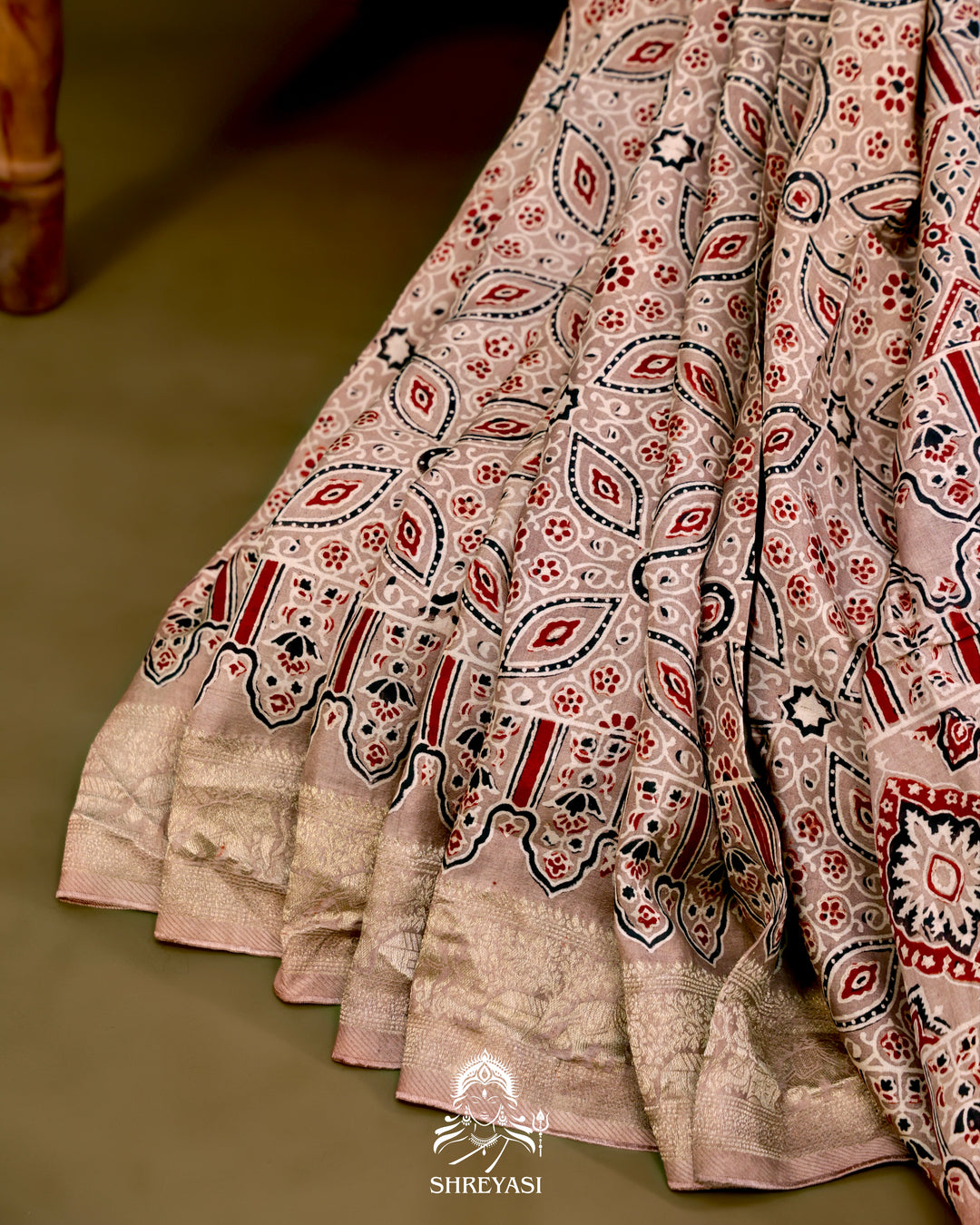 Hand Block Printed Ajrakh Dola Silk Saree with Zari Brocade Blouse