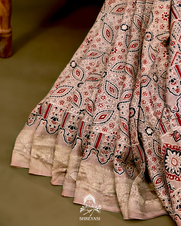 Hand Block Printed Ajrakh Dola Silk Saree with Zari Brocade Blouse