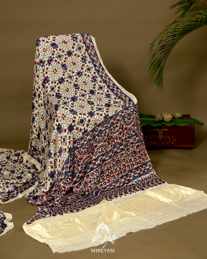 Pure Modal Gaji Silk Lagdi Patta Ivory Blue Ajrakh Saree in Natural Dyes