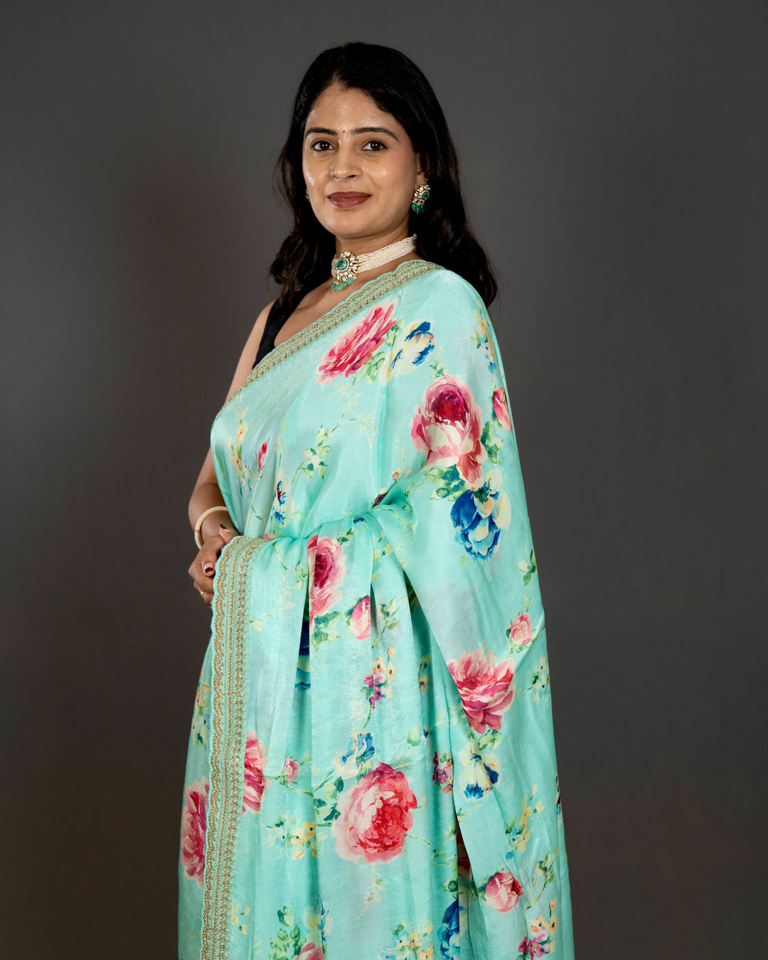 Pure Chinon Satin Saree with Floral Print and Embroidered Borders