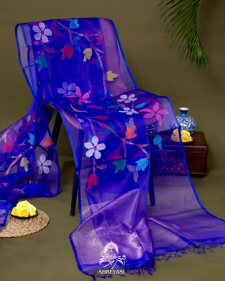 Handloom Pure Muslin Jamdani Saree in Full Jaal Needle Weaving