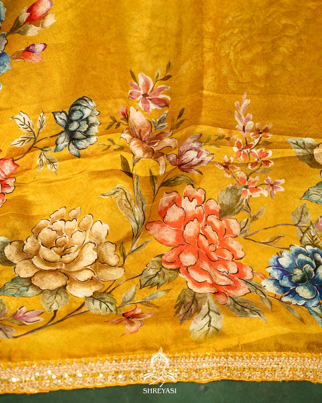 Floral Crepe Chiffon Saree with Embroidered Borders