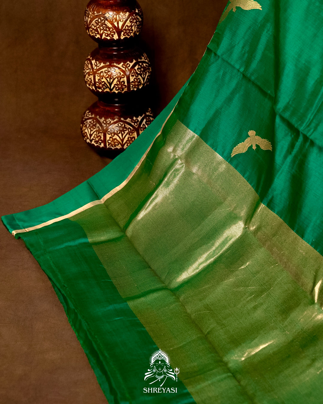 Handloom Pure Chanderi Pattu Silk Saree in Emerald Green with Bird Motifs