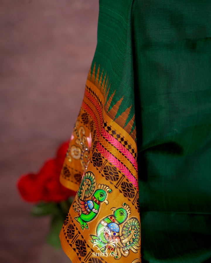 Handloom Pure Kanjivaram Silk Saree in Real Zari with Tanjore Mayil and Kamalam Artwork