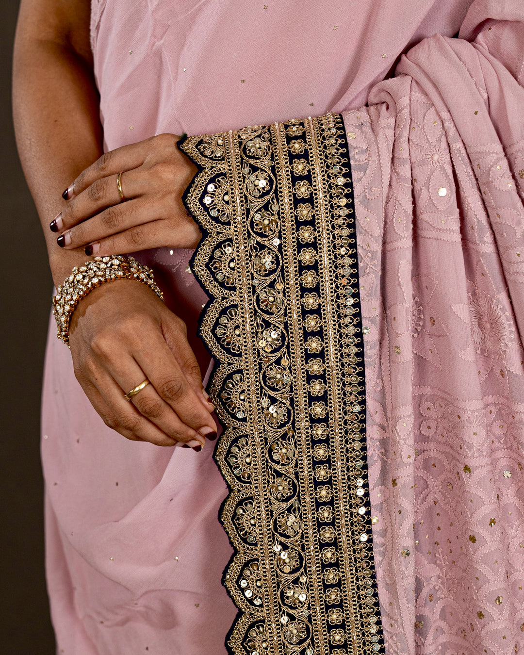 Hand Embroidered Chikankari Pure Georgette Saree with Scalloped Embroidered Borders and Contrast Banaras Blouse