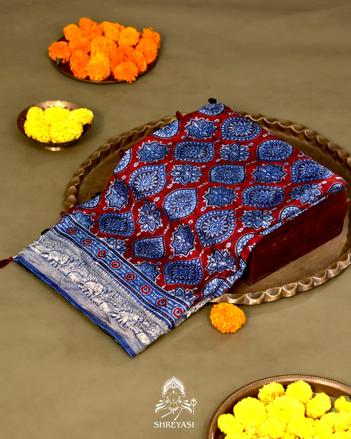 Hand Block Printed Ajrakh Dola Silk Saree with Zari Brocade Blouse