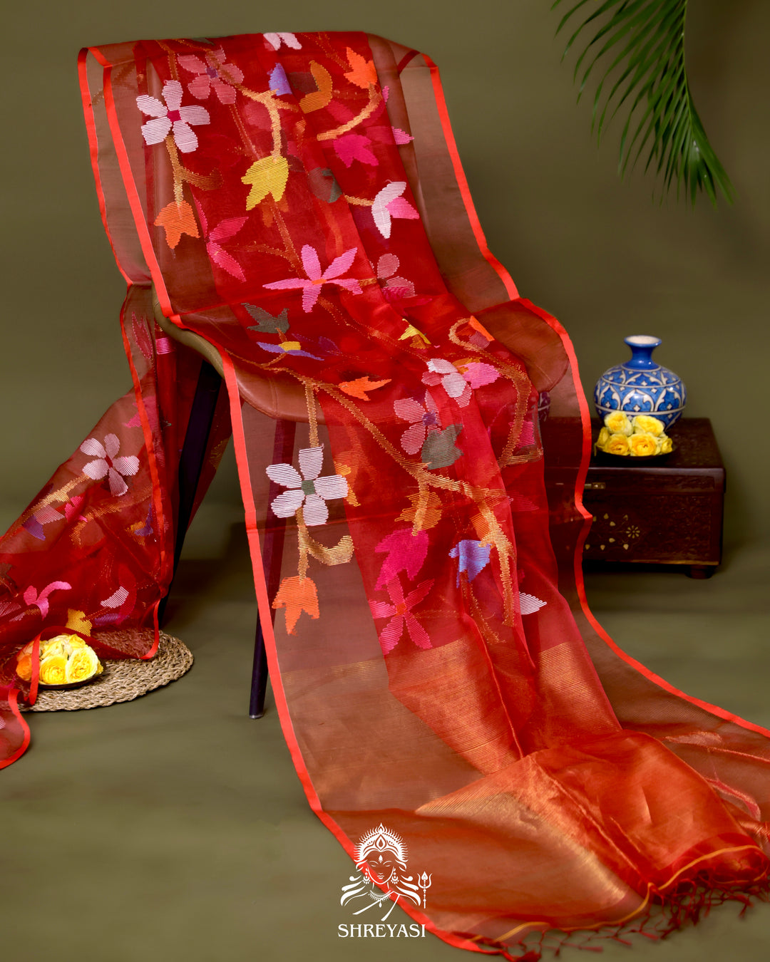 Handloom Pure Muslin Jamdani Saree in Full Jaal Needle Weaving