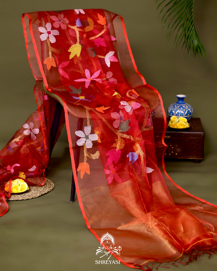 Handloom Pure Muslin Jamdani Saree in Full Jaal Needle Weaving
