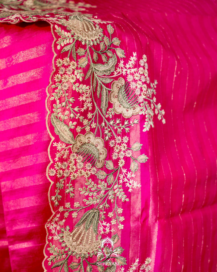 Handloom Pure Banarasi Silk Saree with Zari Stripes and Fine Resham Thread Embroidery