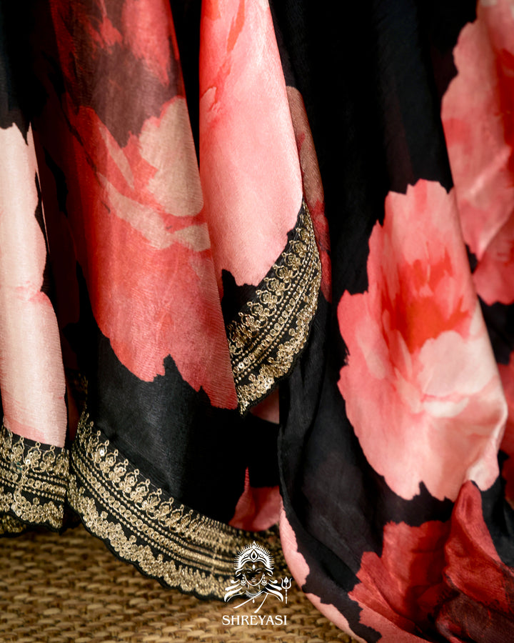Black Chinon Satin Floral Saree with Embroidered Border