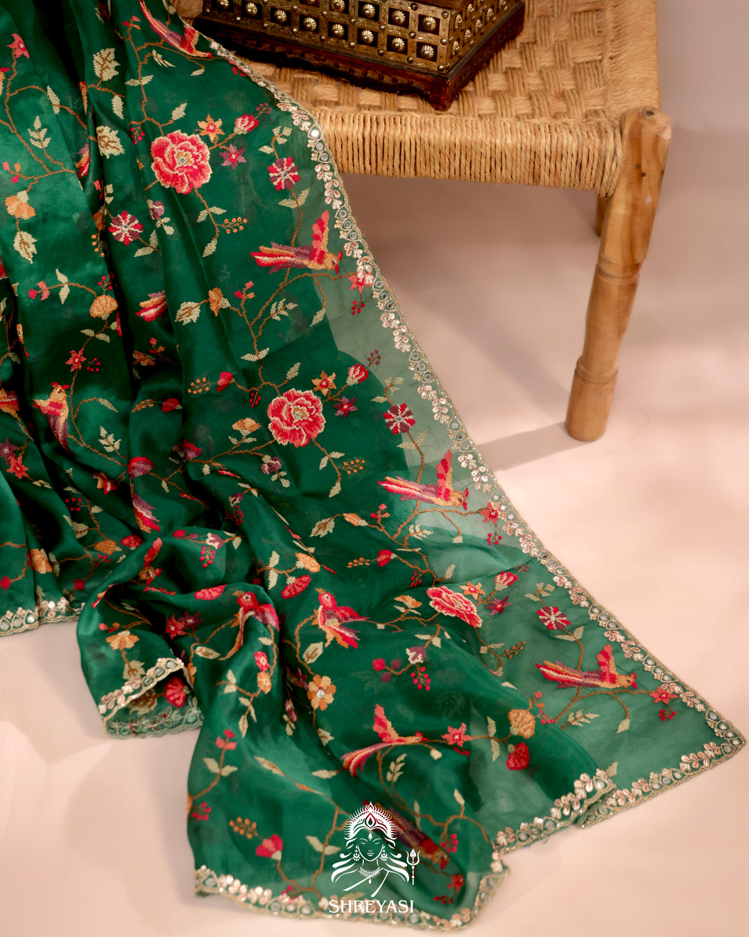 Organza Silk Saree with All-Over Petit Point Embroidery and Gotapatti Border