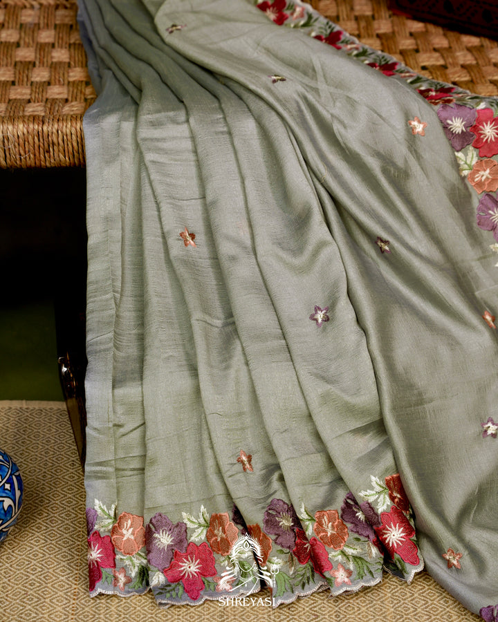 Tussar Silk Saree with Resham Floral Embroidery Border