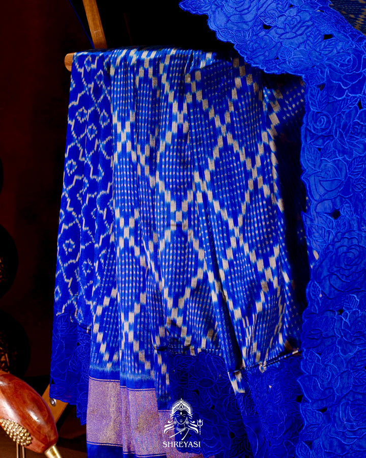 Handloom Pure Patola Silk Saree with Scalloped Floral Appliqué Embroidered Borders
