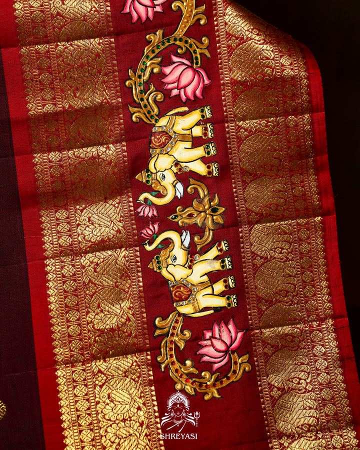 Traditional Tanjore Painting on Handloom Pure Kanjivaram Silk Sarees with Real Zari