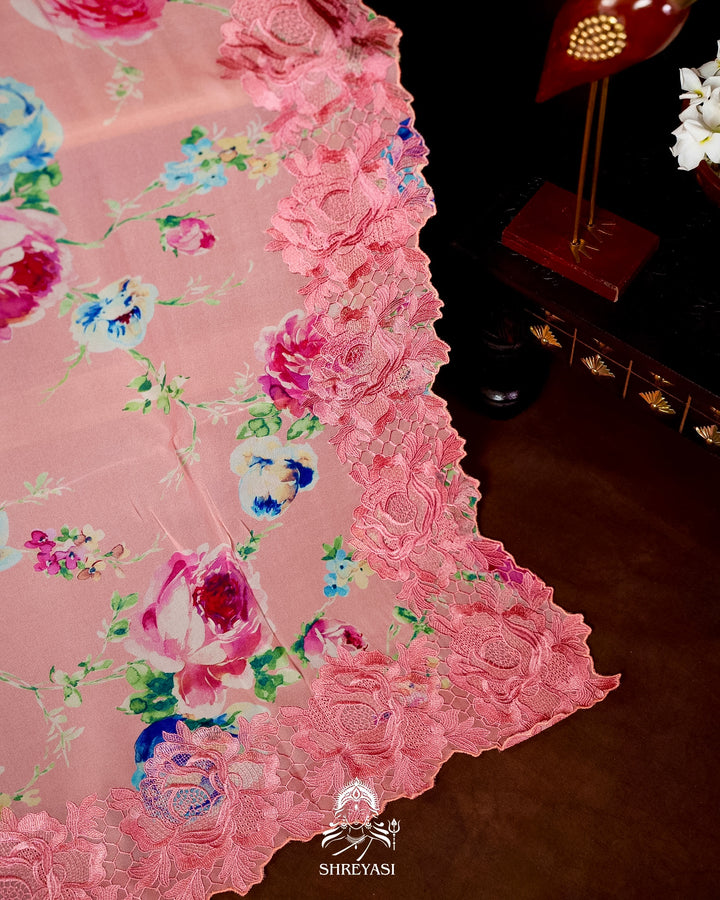Pure Georgette Floral Saree with Chantilly Lace Embroidery Border