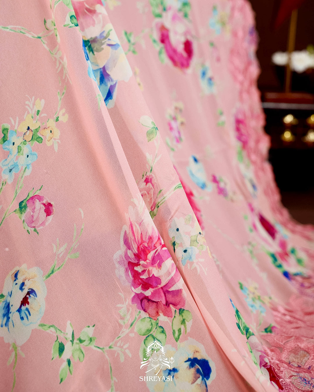 Pure Georgette Floral Saree with Chantilly Lace Embroidery Border