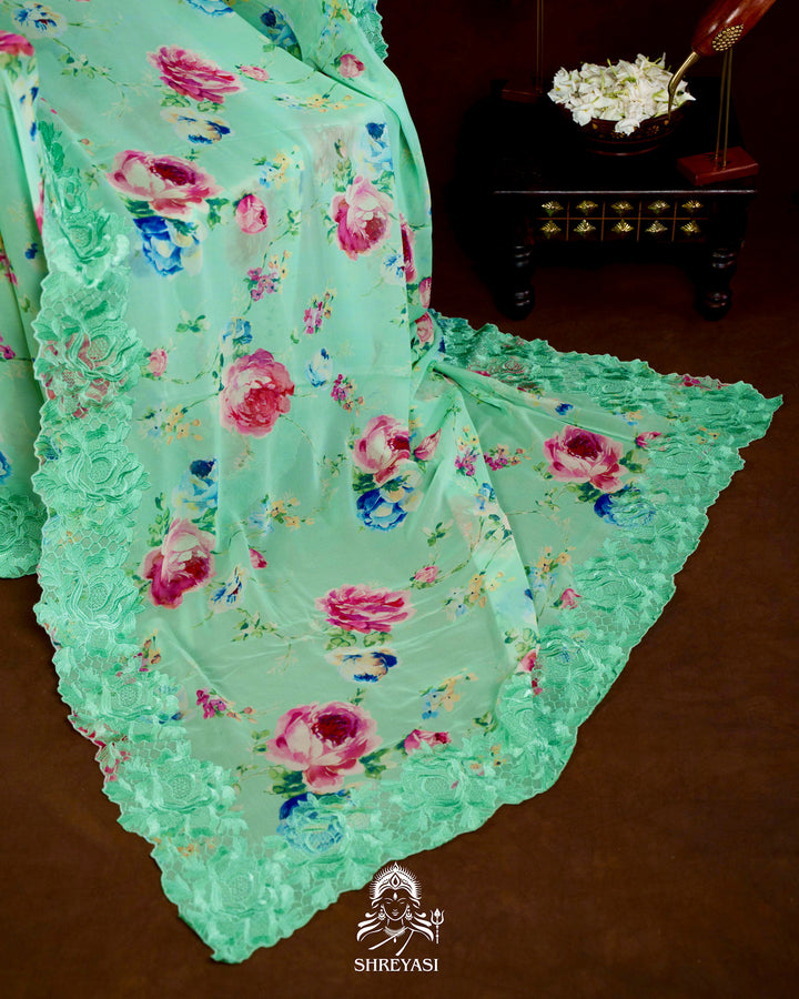 Pure Georgette Floral Saree with Chantilly Lace Embroidery Border