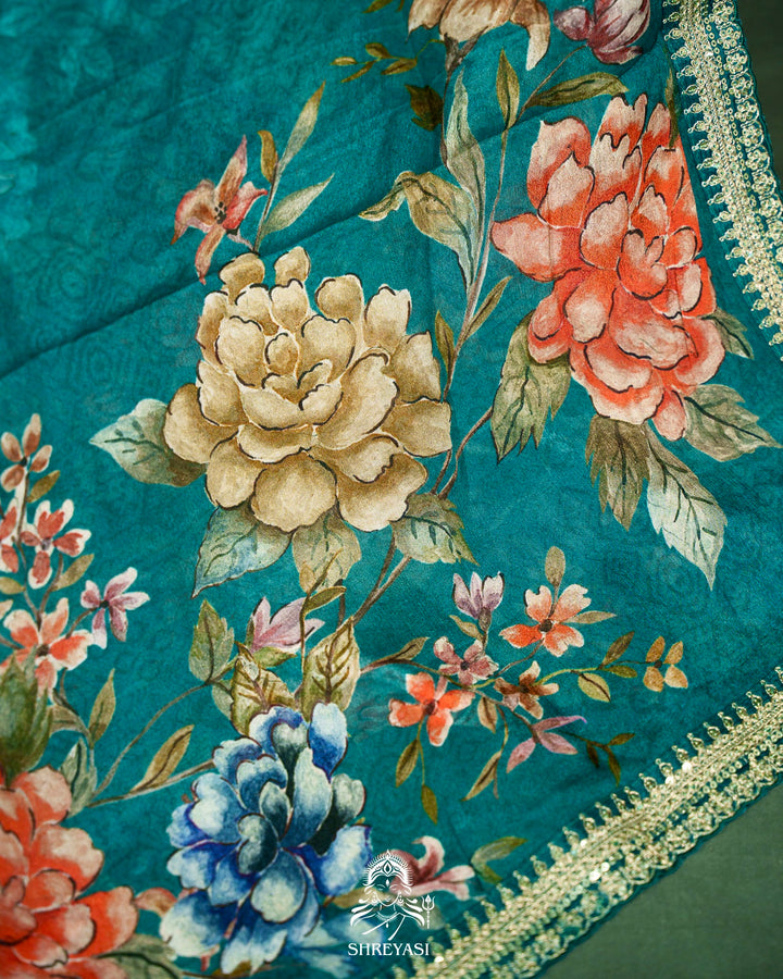 Floral Crepe Chiffon Saree with Embroidered Borders