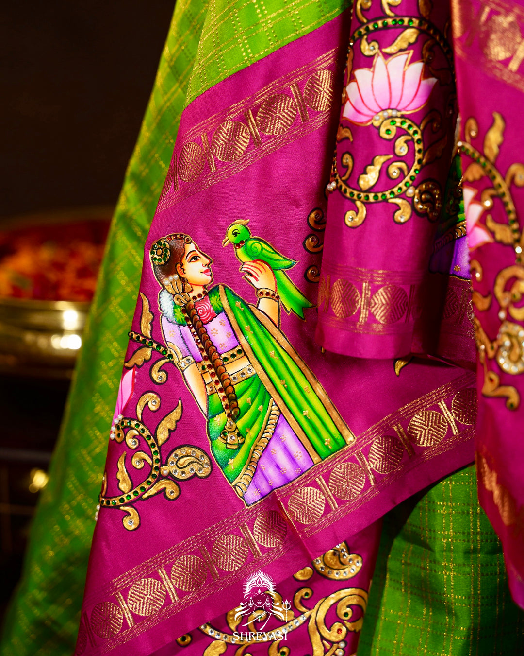 Traditional Tanjore Painting on Handloom Pure Kanjivaram Silk Sarees with Real Zari