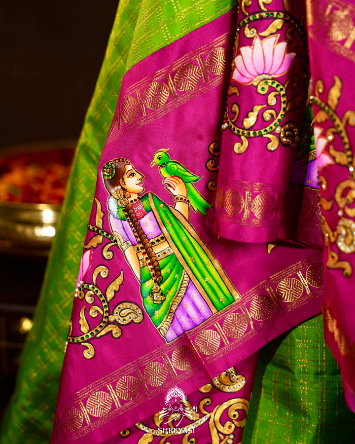 Traditional Tanjore Painting on Handloom Pure Kanjivaram Silk Sarees with Real Zari