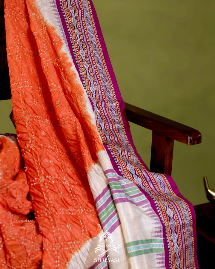 Vidarbha Karvati Kinar Tussar Silk Saree with Hand-Knotted Bandhej