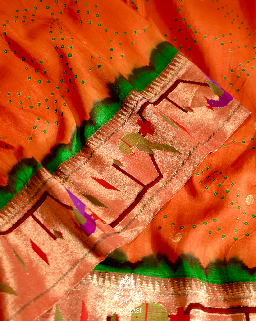 Paithani Bandhini Silk Saree with Parrot Peacock Border
