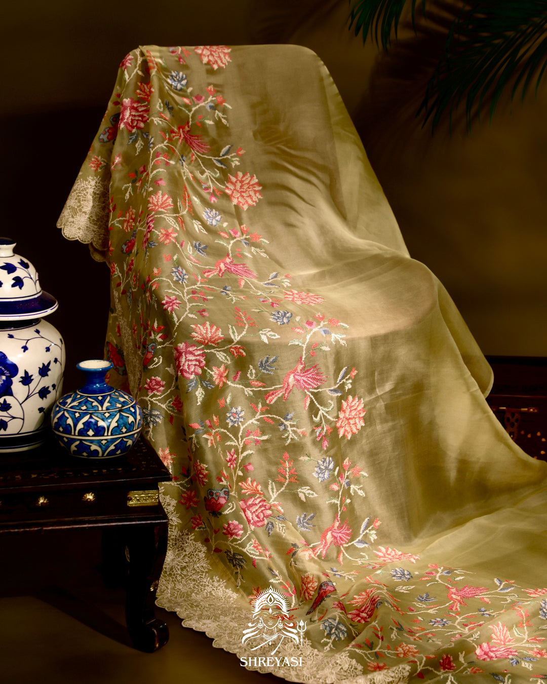 Organza Silk Saree with Petit Point Embroidery and Chantilly Lace Border