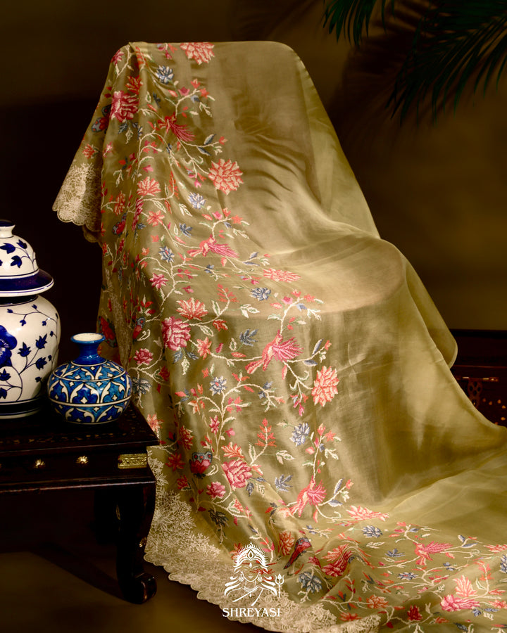 Organza Silk Saree with Petit Point Embroidery and Chantilly Lace Border