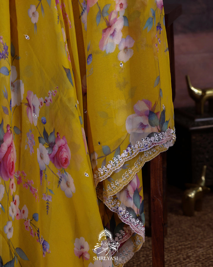 Floral Georgette Saree with Mirror Work Embroidery
