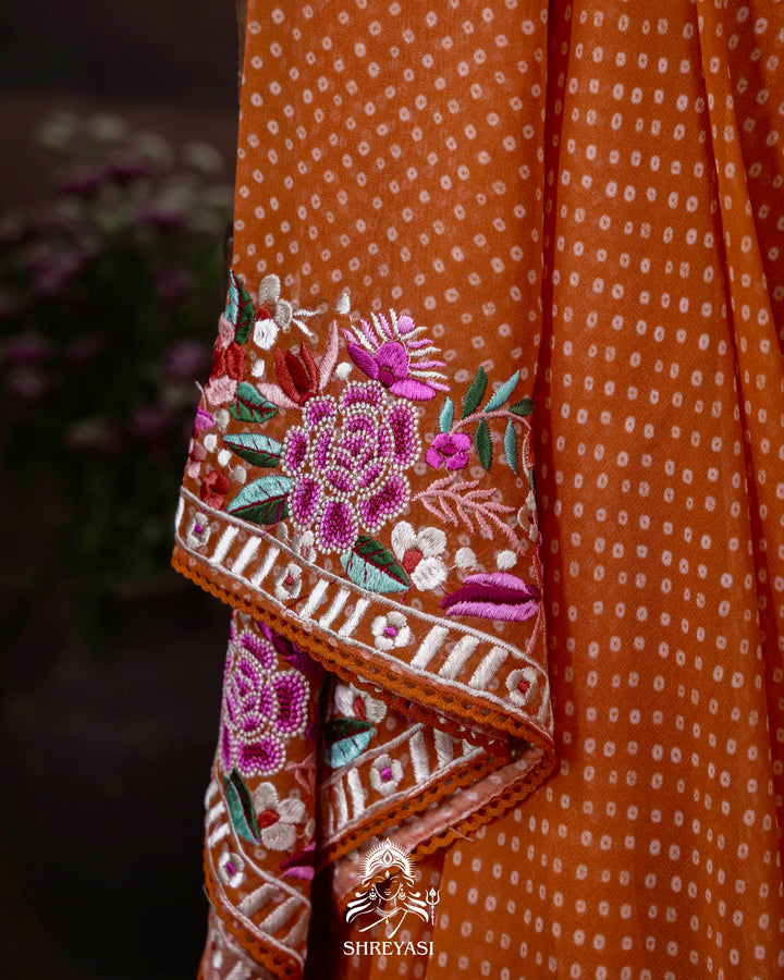 Pure Georgette Saree with Parsi Gara Style Embroidered Borders and Bandhej Body