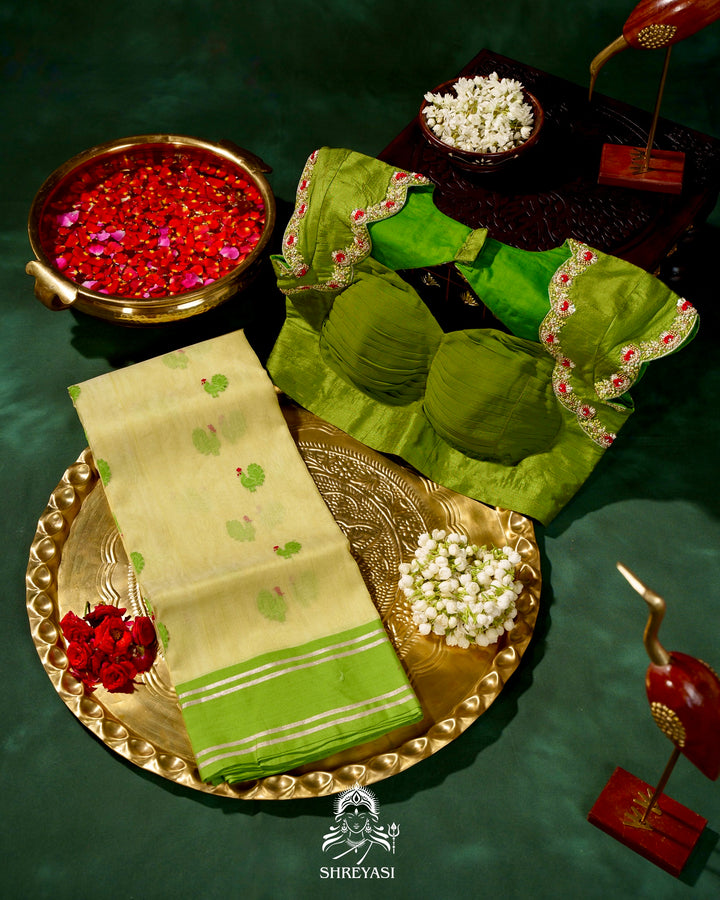 Handloom Pure Chanderi Silk Saree with Hand Embroidered Maggam Work Blouse