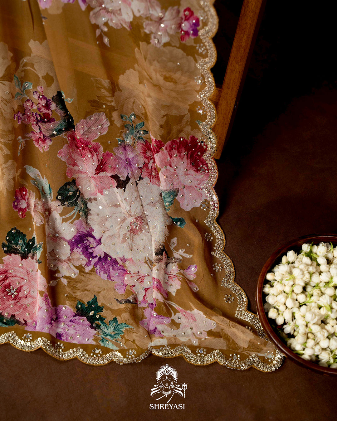 Hand Embellished Pure Georgette Floral Saree in Mocha Beige