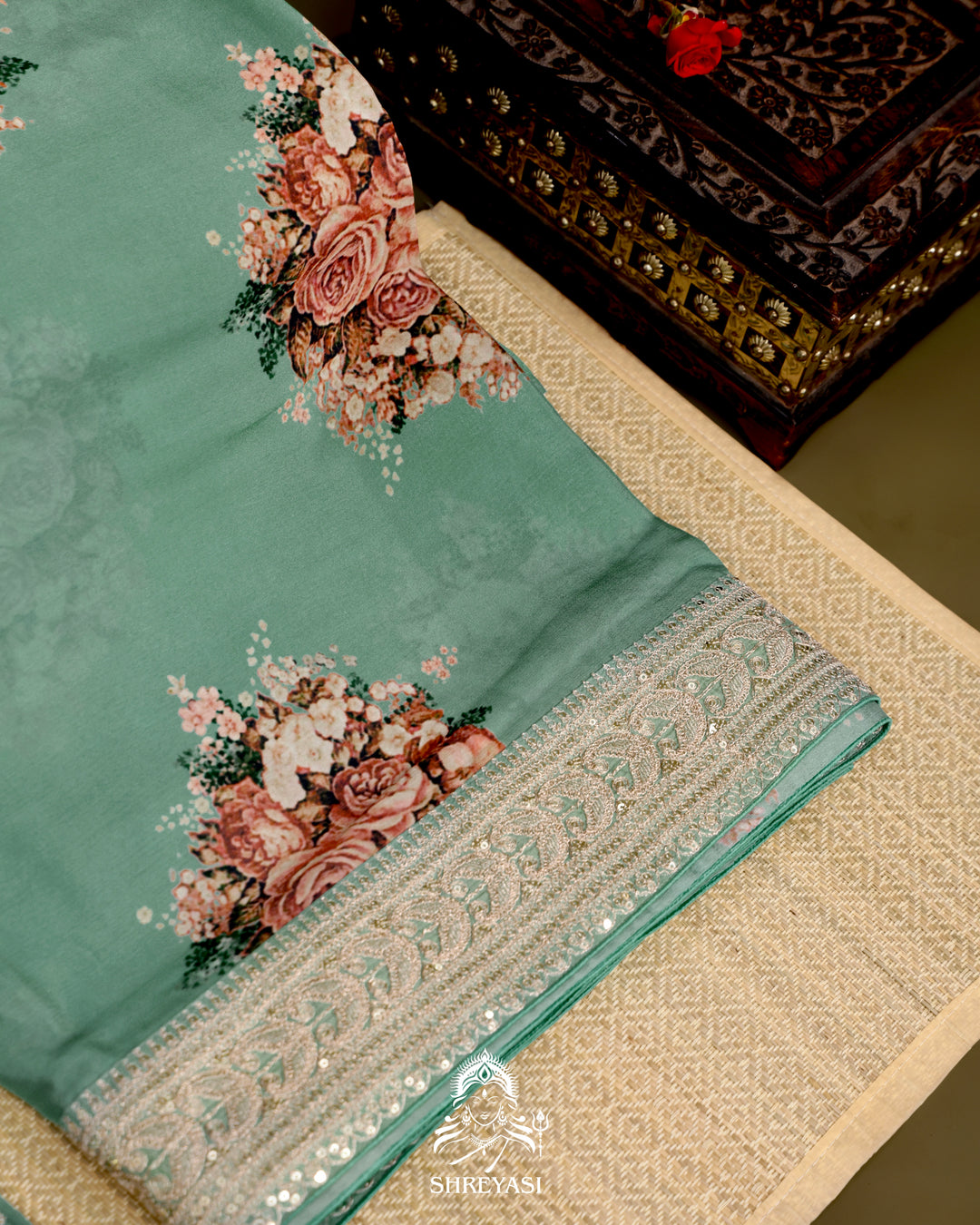 Crepe Satin Silk Saree with Floral Design and Embroidered Border