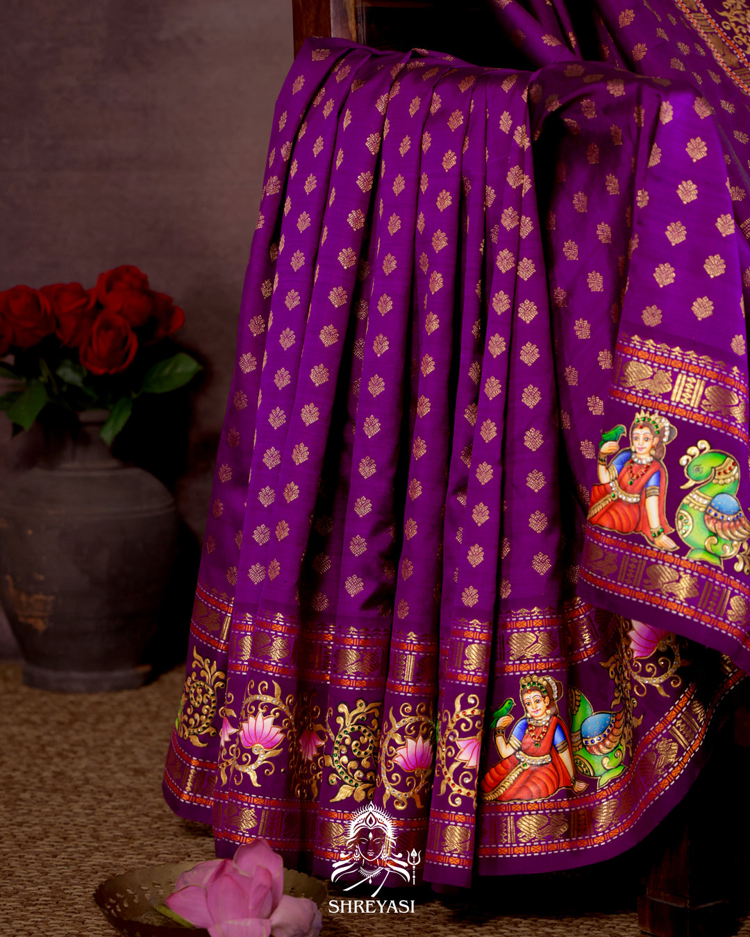 Handloom Pure Kanjivaram Silk Saree in Real Zari with Tanjore Madhura Meenakshi, Mayil and Kamalam Artwork