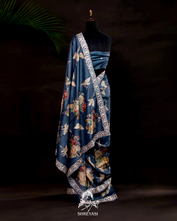 Handloom pure tussar silk saree in deep sapphire with digital floral prints and pita embroidery