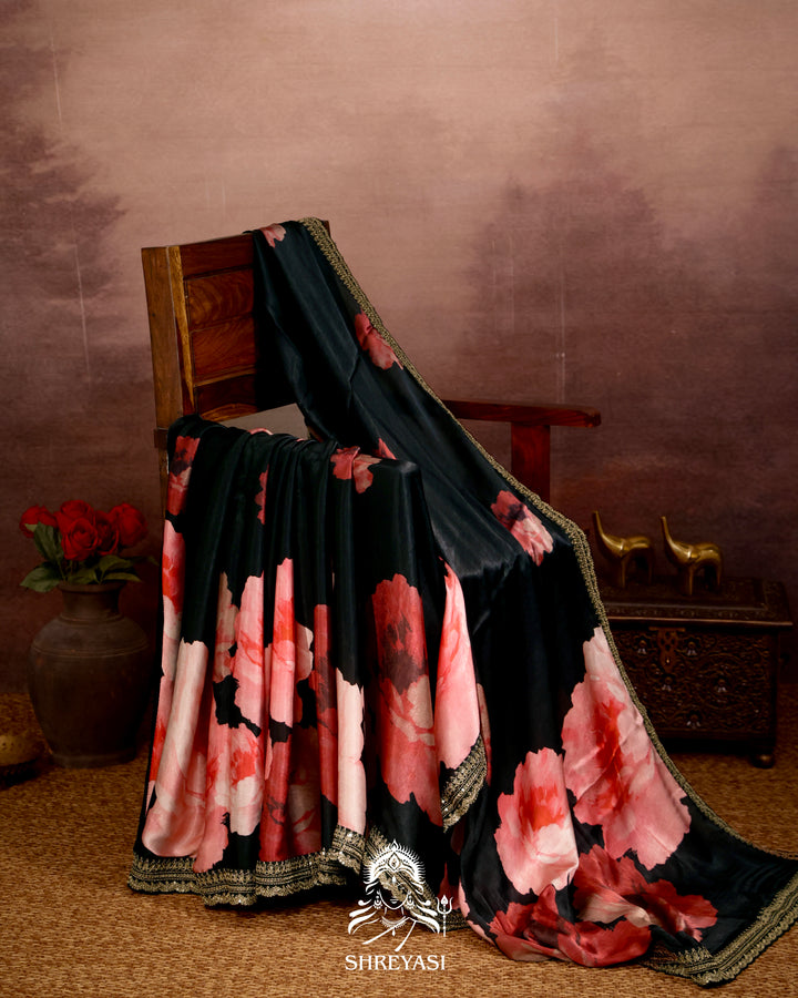 Black Chinon Satin Floral Saree with Embroidered Border