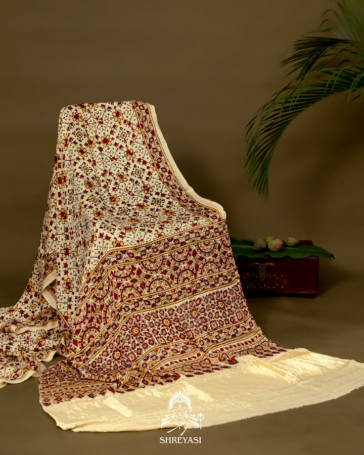 Pure Modal Gaji Silk Lagdi Patta Ivory Red Ajrakh Saree in Natural Dyes