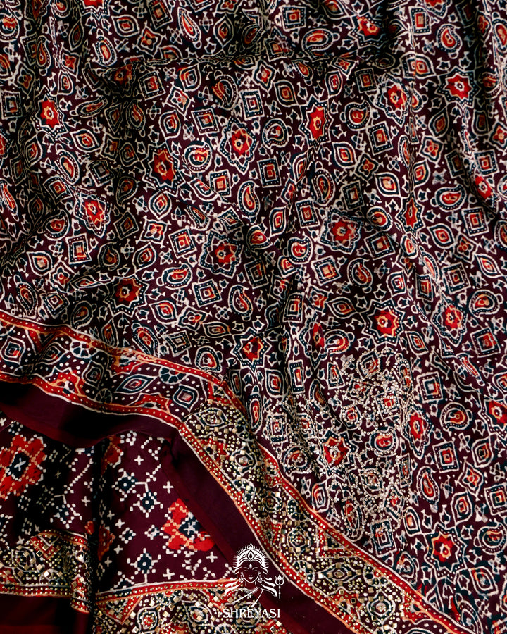 Pure Modal Silk Ajrakh Saree with Swarovski Crystal Embroidery
