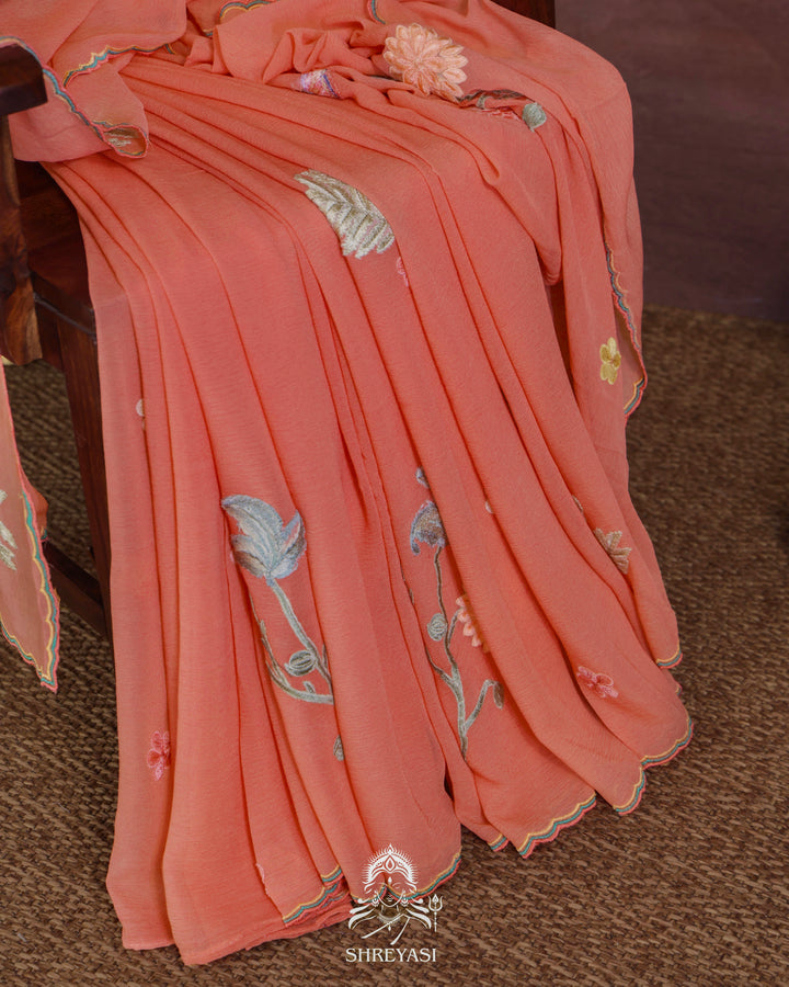Handloom Pure Chiffon Saree with 3D Appliqué Embroidery