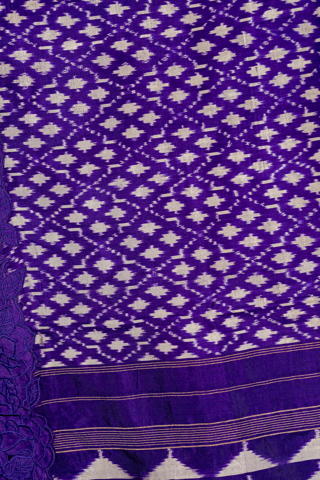 Handloom Pure Patola Silk Saree with Scalloped Floral Appliqué Embroidered Borders