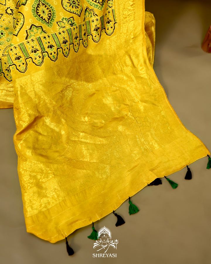 Hand Block Printed Ajrakh Dola Silk Saree with Zari Brocade Blouse