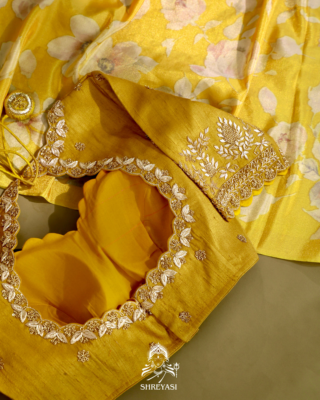 Yellow Floral Banarasi Ektara Tissue Silk Saree with Embroidered Blouse